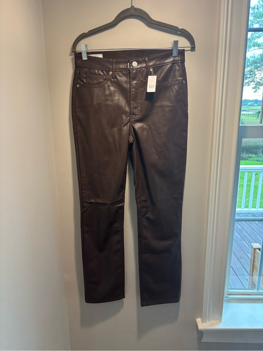 GAP Women's Straight-Leg Faux Leather Jeans in Dark Brown